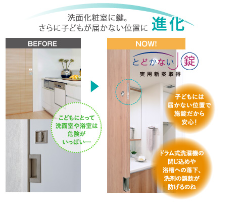  洗面化粧室に鍵。さらに子どもが届かない位置に進化
			(BEFORE)こどもにとって洗面室や浴室は危険がいっぱい…
			(NOW!)「とどかない錠」子どもには届かない位置で施錠だから安心！
			ドラム式洗濯機の閉じ込めや浴槽への落下、洗剤の誤飲が防げるのね