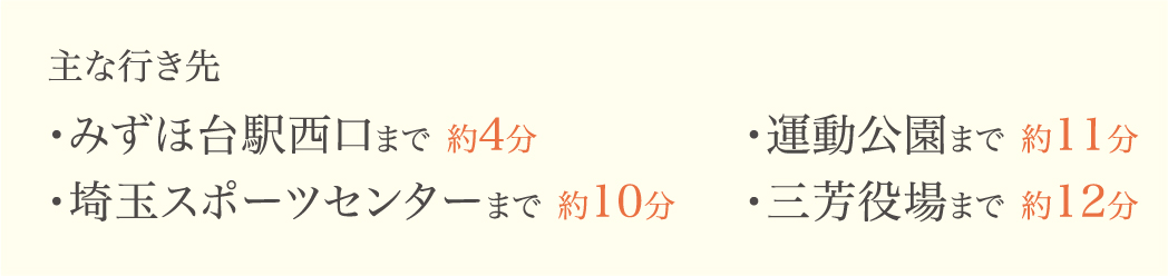 主な行き先 ・みずほ台駅西口まで約4分 埼玉スポーツセンターまで約10分 運動公園まで約11分 三芳役場まで約12分